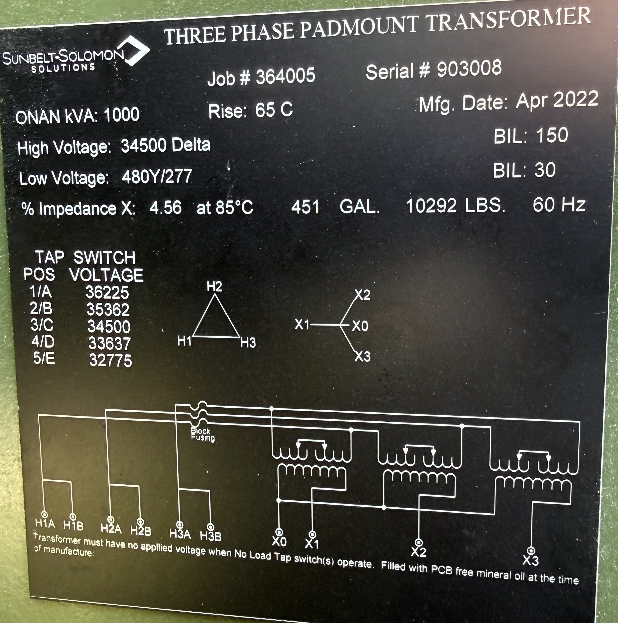 1,000 kVA Sunbelt Solomon Pad Mounted Transformer; HV 34,500; LV 480Y/277; FR3; Copper; Unused; SN 903008