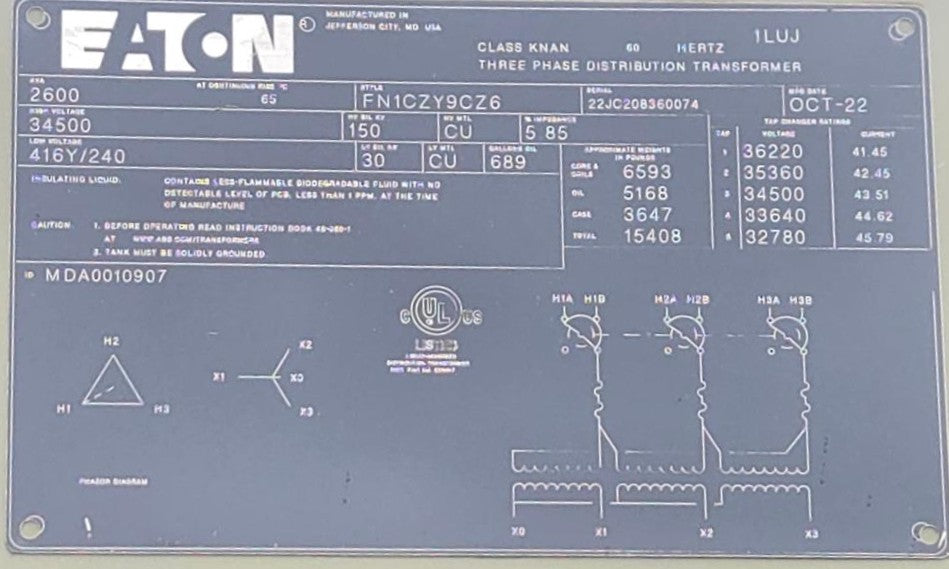 2,600 kVA Eaton Pad Mounted Transformer; HV 34,500; LV 416Y/240; FR3; Copper; Unused; SN 22JC208360074