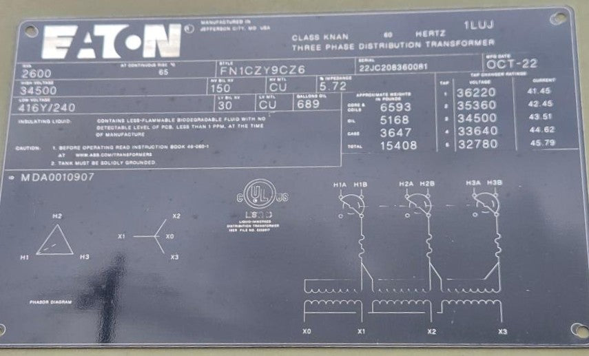 2,600 kVA Eaton Pad Mounted Transformer; HV 34,500; LV 416Y/240; FR3; Copper; Unused; SN 22JC208360081