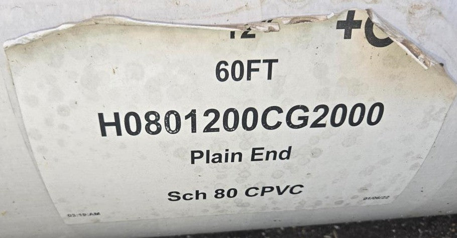 12" Schedule 80 CPVC Pipe (New / Unused), +GF+ ChlorFIT, Corzan, Plain End, Texas, H0801200CG2000