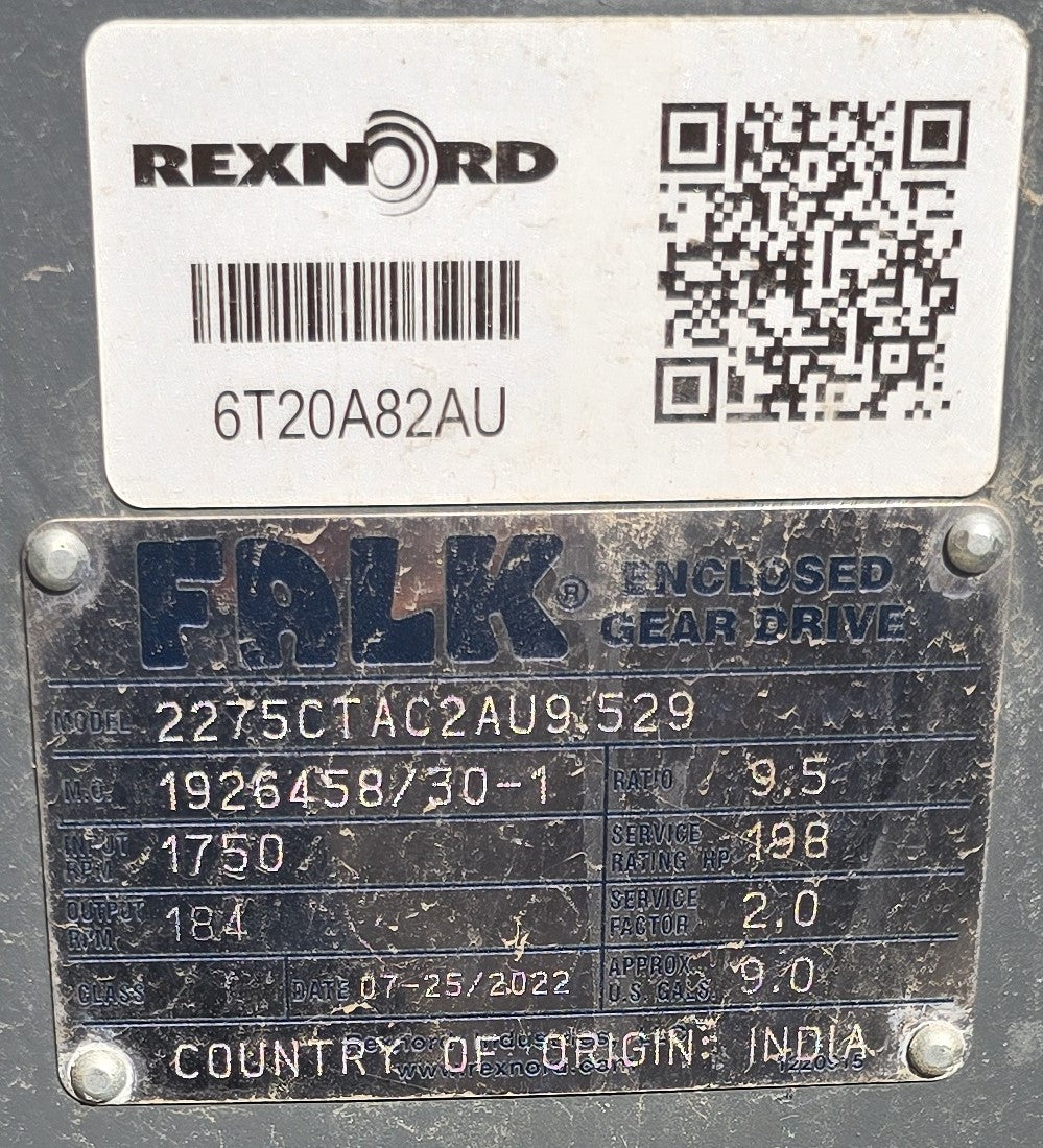 Falk Gear Drive For Cooling Tower, Matches With 150 HP WEG Motor (New / Unused), 2275CTAC2AU9-529 Year 2022 Type CTA 198hp Cooling Tower Enclosed Gear Drive. Ratio 9.5:1, Oil Capacity 8 Gallons. Input 1750rpm/Output184rpm, Texas