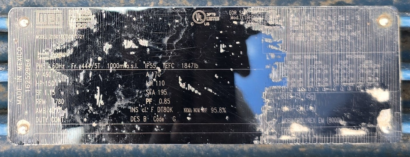 150 HP WEG Motor (New / Unused), Z15018ET3G092721, Year 2021, 150hp, Inverter Duty Electric Motor, 460V, 3 PH, 60Hz, 1780rpm, Texas