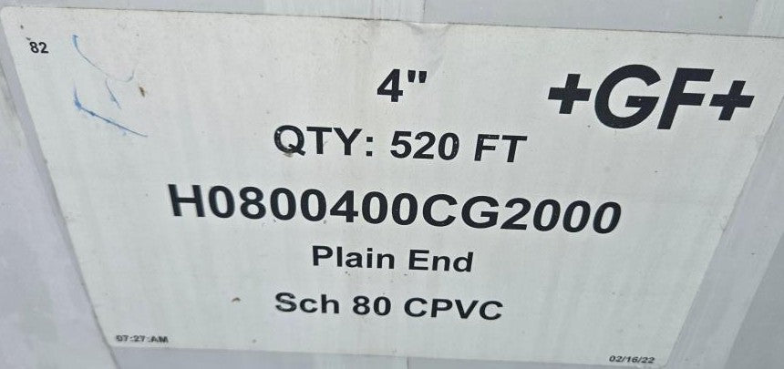4" Schedule 80 CPVC Pipe (New / Unused), +GF+ ChlorFIT, Corzan, Plain End, Texas, H0800400CG2000