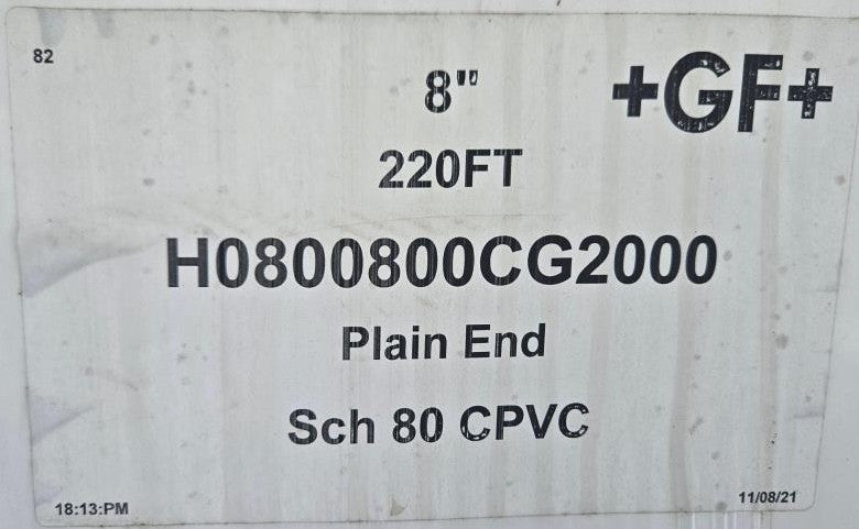 8" Schedule 80 CPVC Pipe (New / Unused), +GF+ ChlorFIT, Corzan, Plain End, Texas, H0800800CG2000
