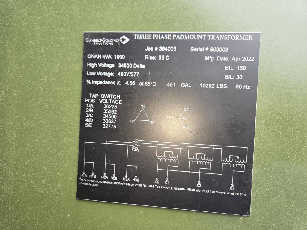 1,000 kVA Sunbelt Solomon Pad Mounted Transformer; HV 34,500; LV 480Y/277; FR3; Copper; Unused; SN 903008