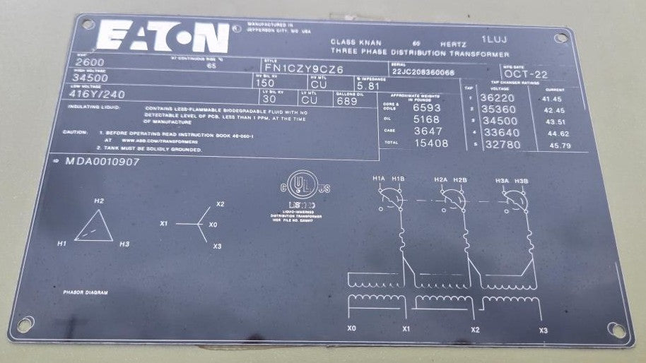 Damaged 2,600 kVA Eaton Pad Mounted Transformer; HV 34,500; LV 416Y/240; FR3; Copper; Unused; SN 22JC208360068
