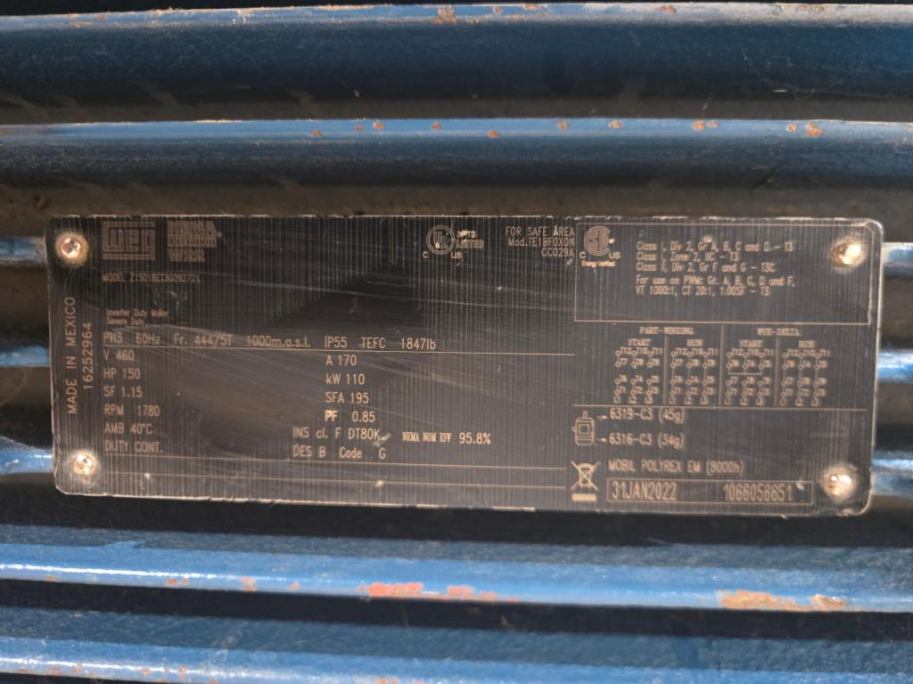 150 HP WEG Motor (New / Unused), Z15018ET3G092721, Year 2021, 150hp, Inverter Duty Electric Motor, 460V, 3 PH, 60Hz, 1780rpm, Texas