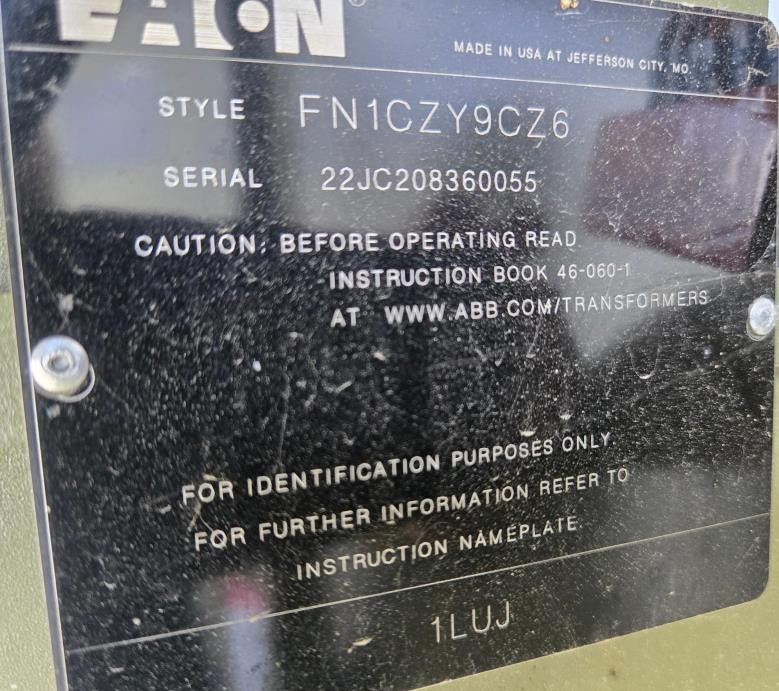 2,600 kVA Eaton Pad Mounted Transformer; HV 34,500; LV 416Y/240; FR3; Copper; Unused; SN 22JC208360055