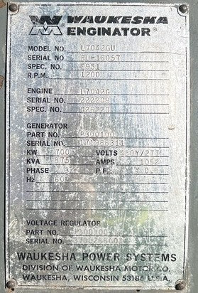 700 kW Continuous, Waukesha L7042GU Natural Gas Generator Set, only 1,199 hours!, 480Y / 277 Volts, 1,200 RPM, Radiator