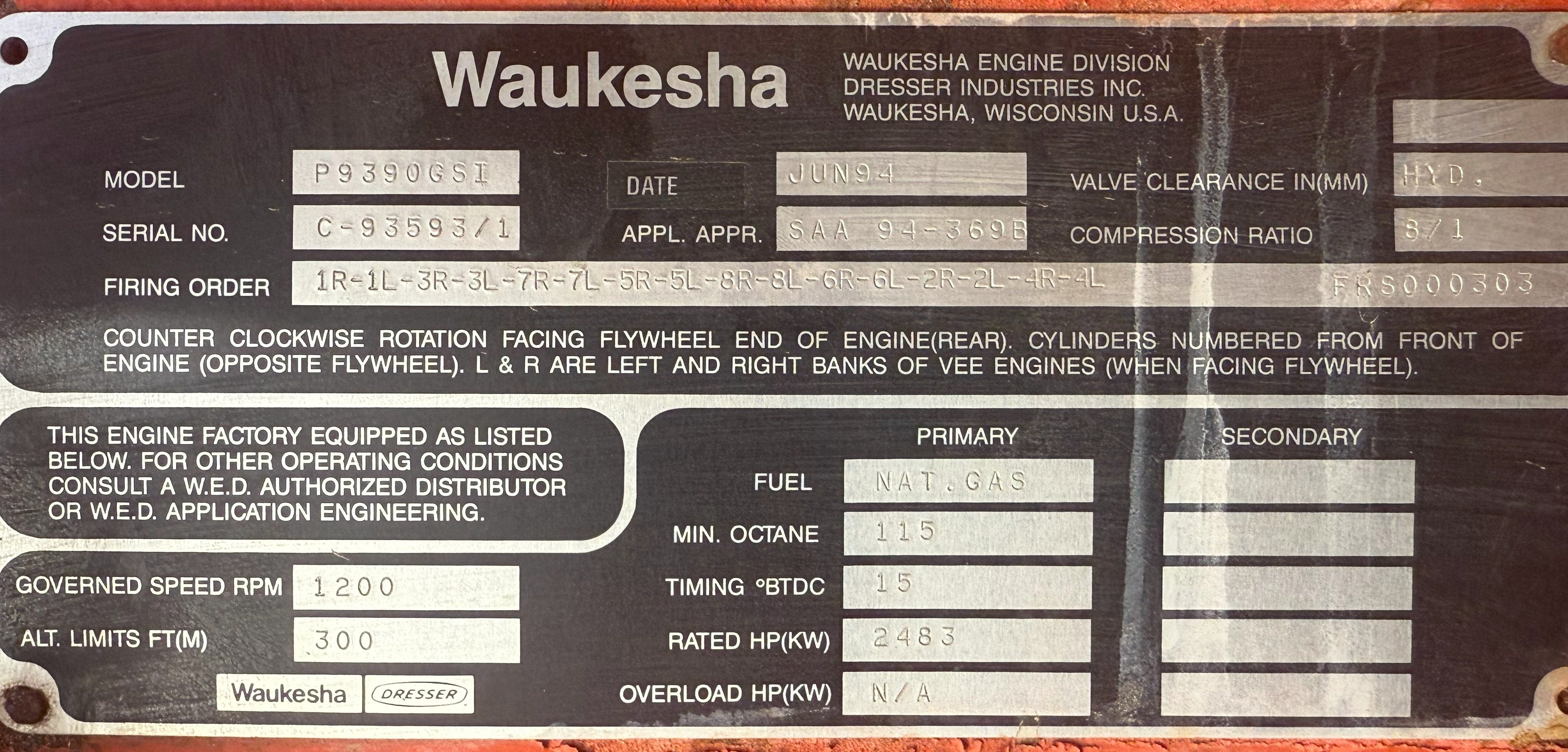 1,750 kW Standby or 1,575 kW Continuous, Waukesha P9390GSI Natural Gas Generator Set, Low Hours (< 1,000), 480Y / 277 Volts, 1,200 RPM, Enclosure, Catalyst, Radiator, 1994