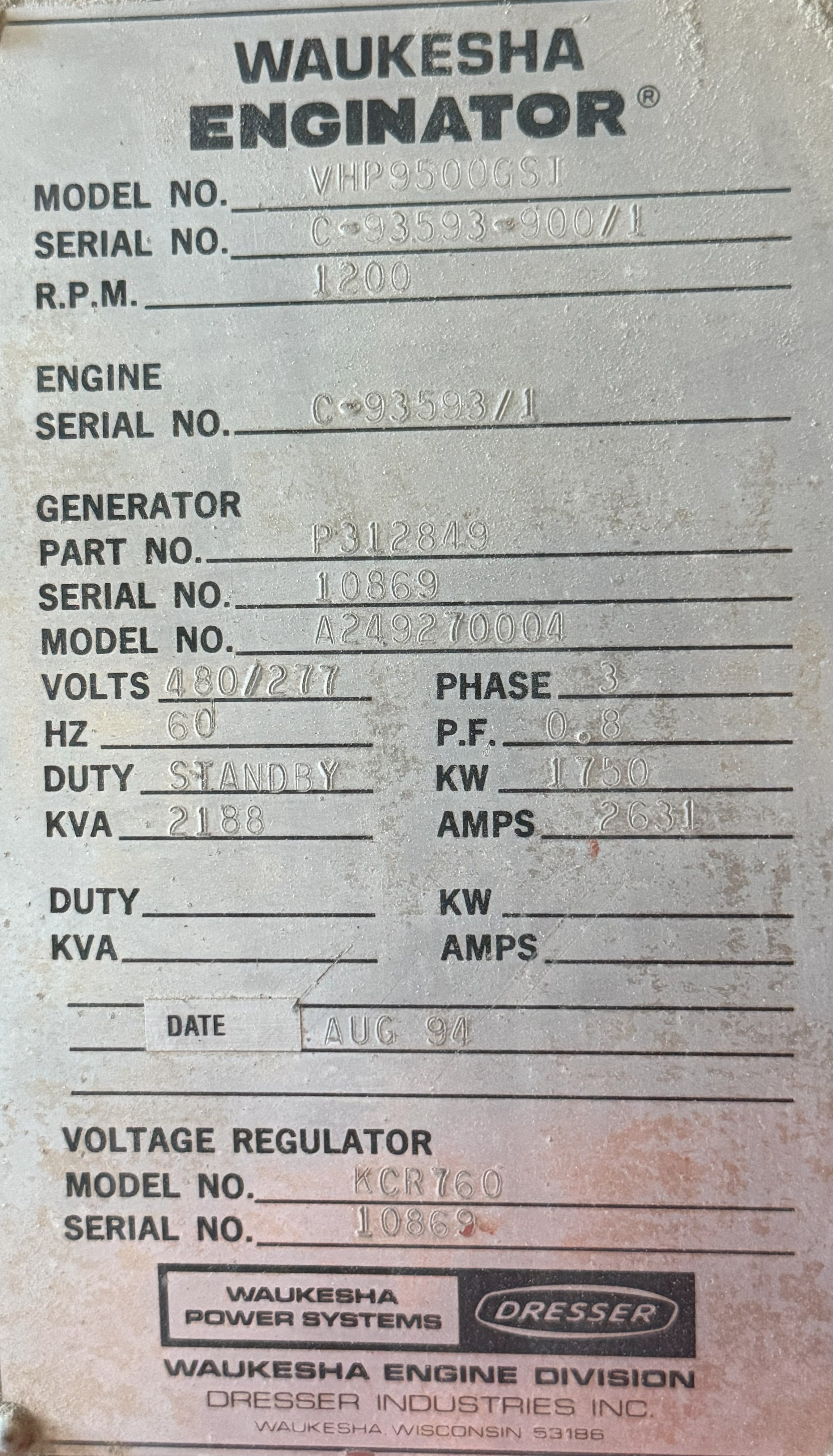 1,750 kW Standby or 1,575 kW Continuous, Waukesha P9390GSI Natural Gas Generator Set, Low Hours (< 1,000), 480Y / 277 Volts, 1,200 RPM, Enclosure, Catalyst, Radiator, 1994