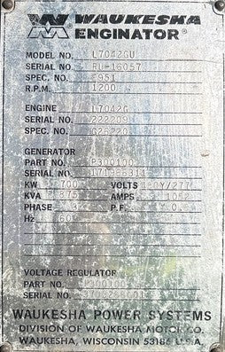 700 kW Continuous, Waukesha L7042GU Natural Gas Generator Set, only 1,199 hours!, 480Y / 277 Volts, 1,200 RPM, Radiator