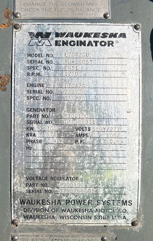 700 kW Continuous, Waukesha L7042GU Natural Gas Generator Set, only 1,199 hours!, 480Y / 277 Volts, 1,200 RPM, Radiator