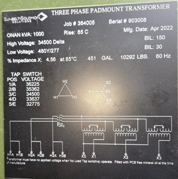 1,000 kVA Sunbelt Solomon Pad Mounted Transformer; HV 34,500; LV 480Y/277; FR3; Copper; Unused; SN 903008